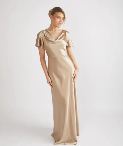 Cowl Front Satin Short Sleeve Bridesmaid Dress - Champagne