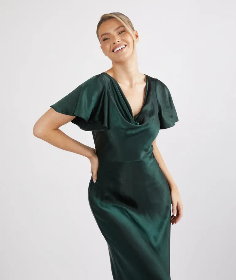 Cowl Front Satin Short Sleeve Bridesmaid Dress - Emerald