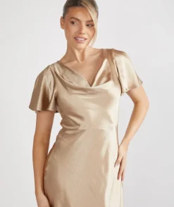 Cowl Front Satin Short Sleeve Bridesmaid Dress - Champagne