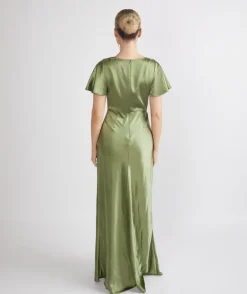 Cowl Front Satin Short Sleeve Bridesmaid Dress - Moss Green