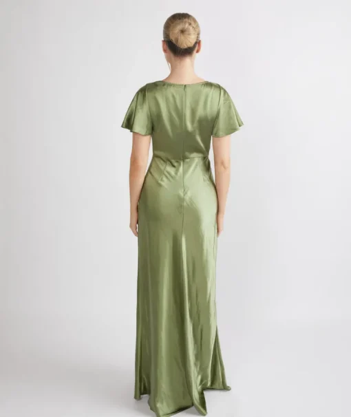 Cowl Front Satin Short Sleeve Bridesmaid Dress - Moss Green