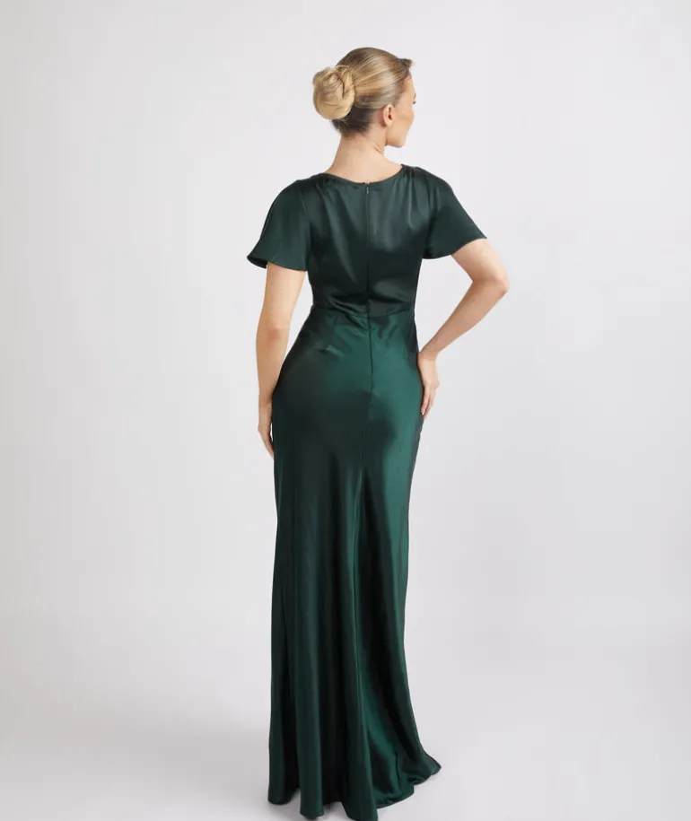 Cowl Front Satin Short Sleeve Bridesmaid Dress - Emerald