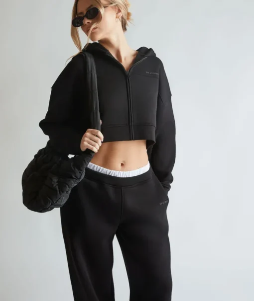 Cropped Zip Through Hoodie - Black