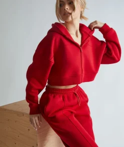 Cropped Zip Through Hoodie - Red