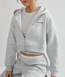 Cropped Zip Through Hoodie - Grey Marl