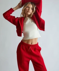 Cropped Zip Through Hoodie - Red