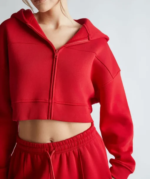 Cropped Zip Through Hoodie - Red