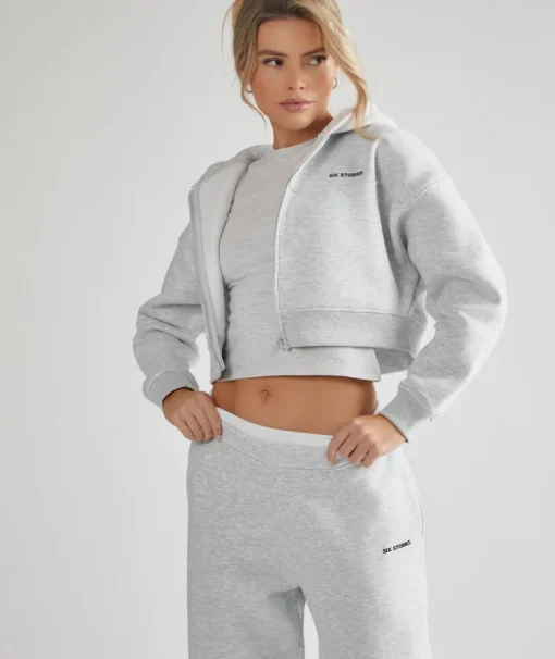 Cropped Zip Through Hoodie - Grey Marl