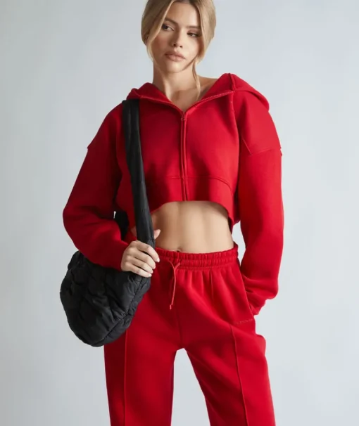 Cropped Zip Through Hoodie - Red