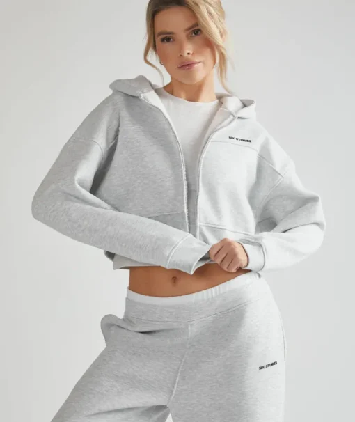 Cropped Zip Through Hoodie - Grey Marl
