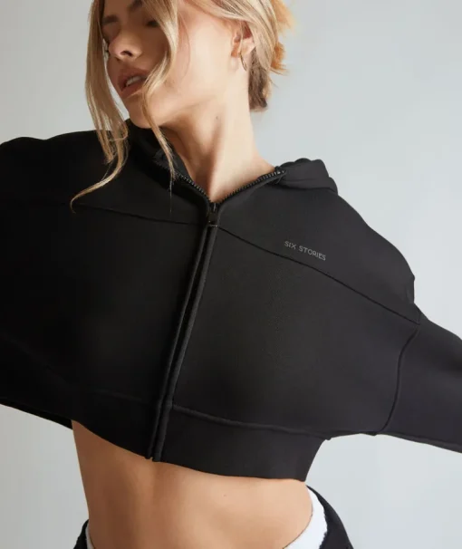 Cropped Zip Through Hoodie - Black