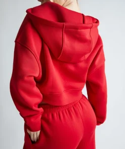 Cropped Zip Through Hoodie - Red