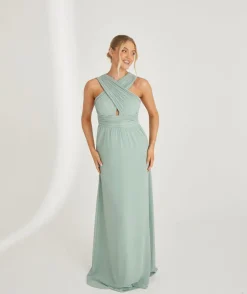 Cross Neck Pleated Waist Chiffon Bridesmaid Dress - Sage