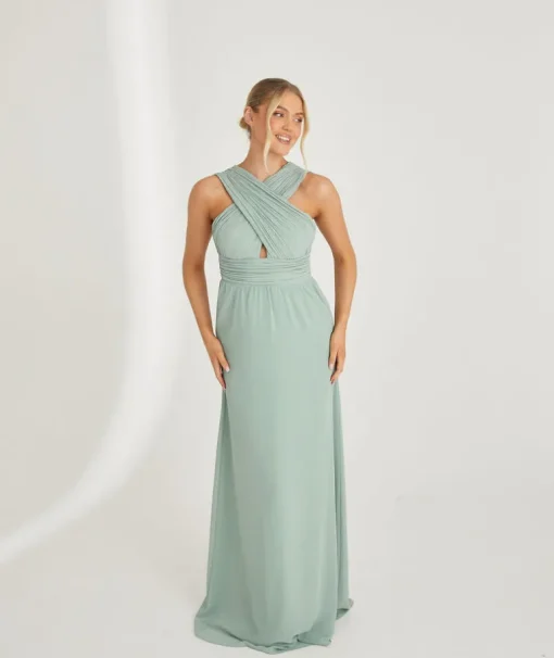 Cross Neck Pleated Waist Chiffon Bridesmaid Dress - Sage