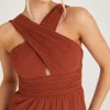 Cross Neck Pleated Waist Chiffon Bridesmaid Dress - Rust