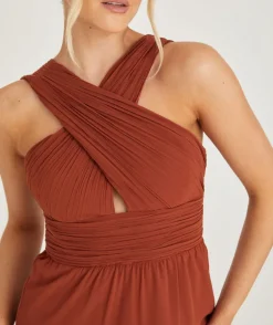 Cross Neck Pleated Waist Chiffon Bridesmaid Dress - Rust