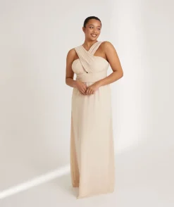 Cross Neck Pleated Waist Chiffon Bridesmaid Dress - Butter Cream