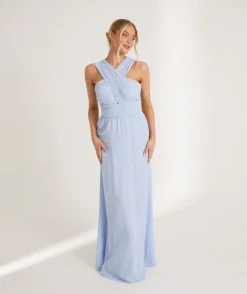 Cross Neck Pleated Waist Chiffon Bridesmaid Dress - Cornflower Blue