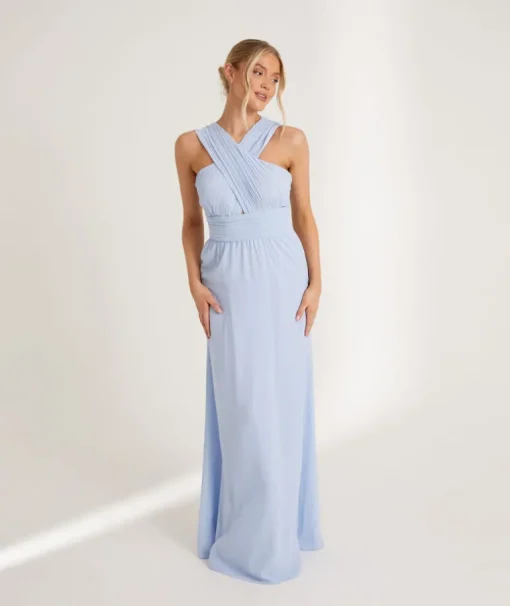 Cross Neck Pleated Waist Chiffon Bridesmaid Dress - Cornflower Blue