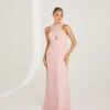 Cross Neck Pleated Waist Chiffon Bridesmaid Dress - Peony Pink
