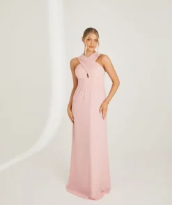 Cross Neck Pleated Waist Chiffon Bridesmaid Dress - Peony Pink