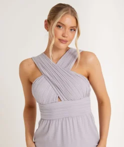 Cross Neck Pleated Waist Chiffon Bridesmaid Dress - Dusty Lilac