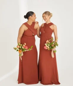 Cross Neck Pleated Waist Chiffon Bridesmaid Dress - Rust