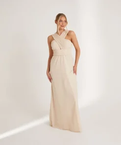 Cross Neck Pleated Waist Chiffon Bridesmaid Dress - Butter Cream