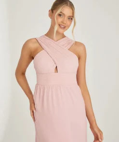 Cross Neck Pleated Waist Chiffon Bridesmaid Dress - Peony Pink