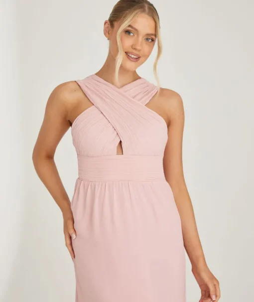 Cross Neck Pleated Waist Chiffon Bridesmaid Dress - Peony Pink