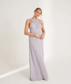 Cross Neck Pleated Waist Chiffon Bridesmaid Dress - Dusty Lilac