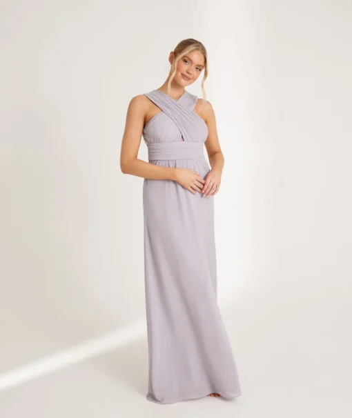 Cross Neck Pleated Waist Chiffon Bridesmaid Dress - Dusty Lilac