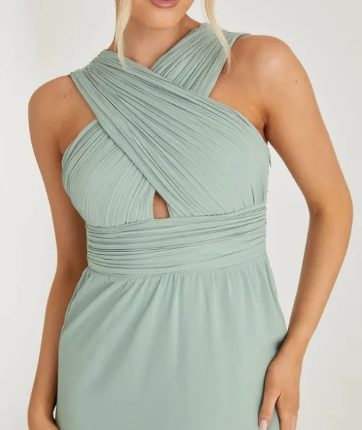Cross Neck Pleated Waist Chiffon Bridesmaid Dress - Sage