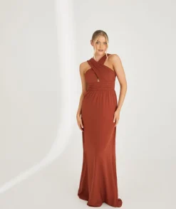 Cross Neck Pleated Waist Chiffon Bridesmaid Dress - Rust