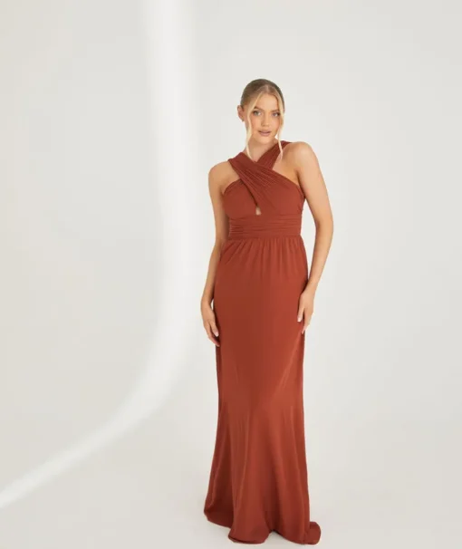 Cross Neck Pleated Waist Chiffon Bridesmaid Dress - Rust