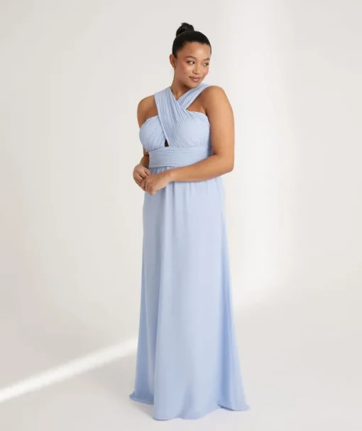 Cross Neck Pleated Waist Chiffon Bridesmaid Dress - Cornflower Blue