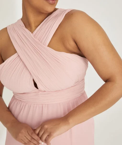 Cross Neck Pleated Waist Chiffon Bridesmaid Dress - Peony Pink