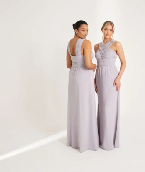 Cross Neck Pleated Waist Chiffon Bridesmaid Dress - Dusty Lilac