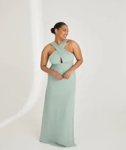 Cross Neck Pleated Waist Chiffon Bridesmaid Dress - Sage