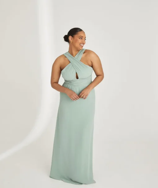 Cross Neck Pleated Waist Chiffon Bridesmaid Dress - Sage