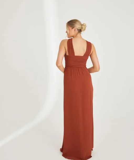 Cross Neck Pleated Waist Chiffon Bridesmaid Dress - Rust