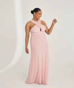 Cross Neck Pleated Waist Chiffon Bridesmaid Dress - Peony Pink