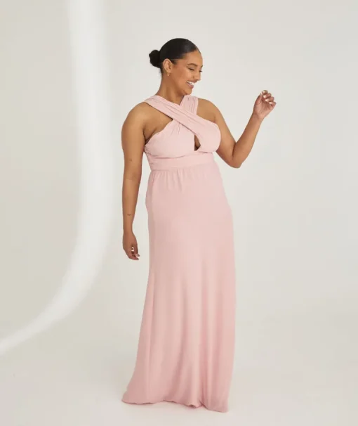 Cross Neck Pleated Waist Chiffon Bridesmaid Dress - Peony Pink
