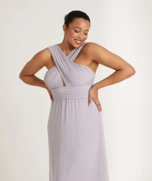 Cross Neck Pleated Waist Chiffon Bridesmaid Dress - Dusty Lilac