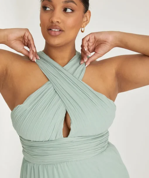 Cross Neck Pleated Waist Chiffon Bridesmaid Dress - Sage