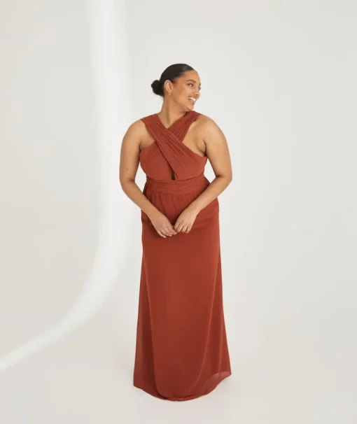 Cross Neck Pleated Waist Chiffon Bridesmaid Dress - Rust