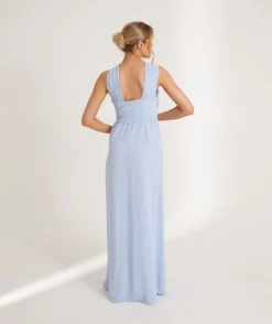 Cross Neck Pleated Waist Chiffon Bridesmaid Dress - Cornflower Blue
