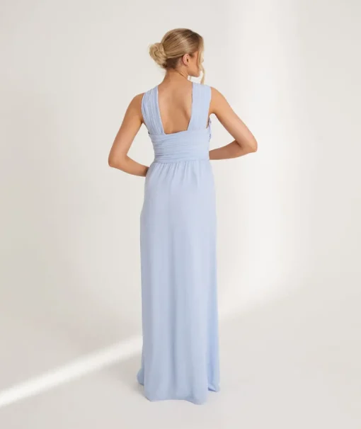 Cross Neck Pleated Waist Chiffon Bridesmaid Dress - Cornflower Blue