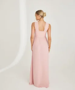 Cross Neck Pleated Waist Chiffon Bridesmaid Dress - Peony Pink