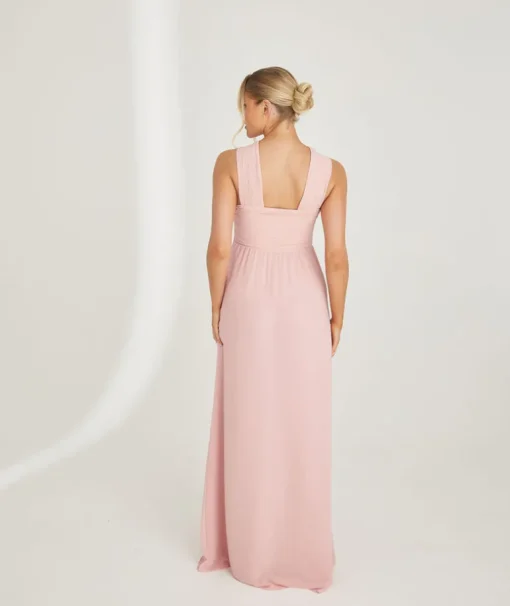 Cross Neck Pleated Waist Chiffon Bridesmaid Dress - Peony Pink